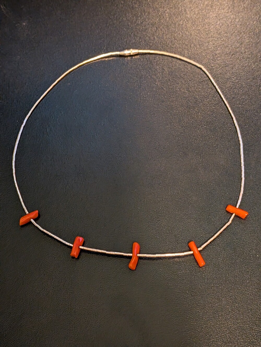 Vintage Southwestern single strand liquid silver red coral station necklace